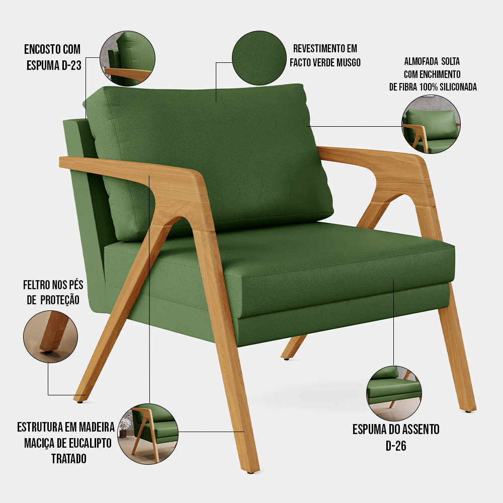 Kit 03 Poltronas Decorativa Sala Pietra Com Estrutura Madeira L02 Facto Verde Musgo - Lyam Decor