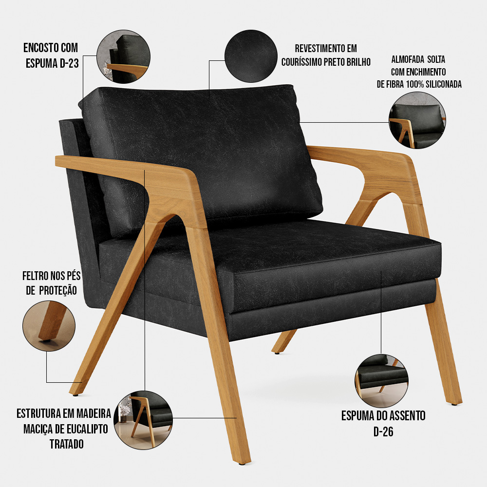 Kit 03 Poltronas Decorativa Sala Pietra Estrutura Madeira L02 Couríssimo Preto Brilho - Lyam Decor