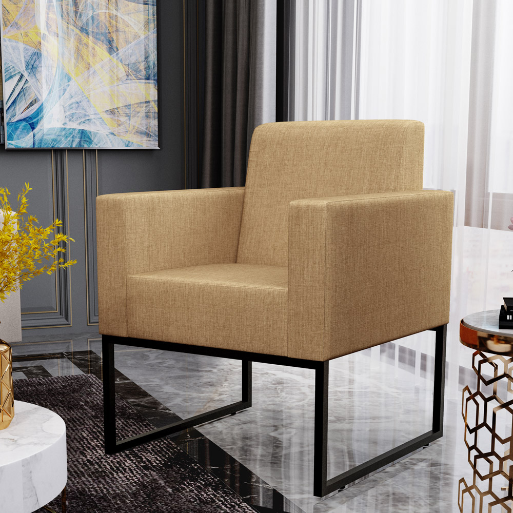 Kit 03 Poltronas Decorativa Sala Recepção Base Fixa De Metal Helô L02 Linho Bege Escuro - Lyam Decor