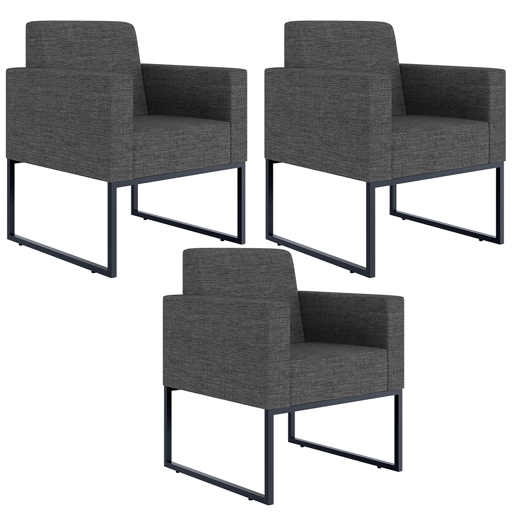 Kit 03 Poltronas Decorativa Sala e Recepção Base Fixa Metal Helô L02 Linho Cinza Escuro - Lyam Decor