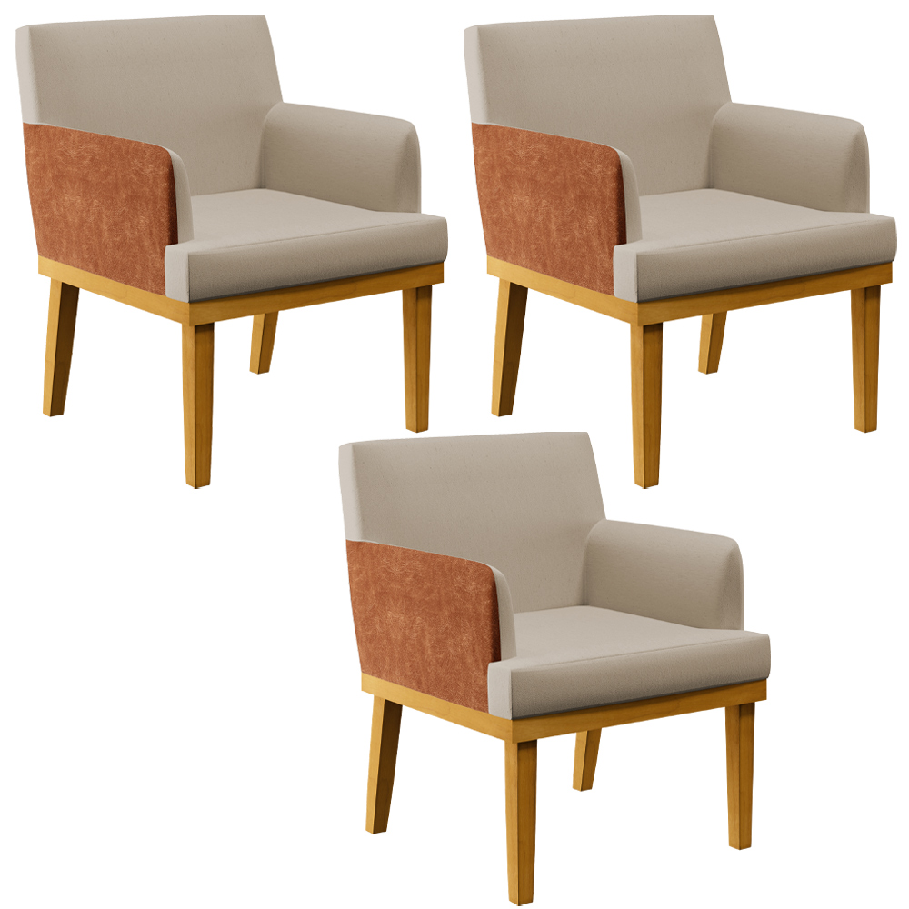 Kit 03 Poltronas Decorativas Base Mel Beatriz W01 Linho Bege Couríssimo Camel - Lyam Decor