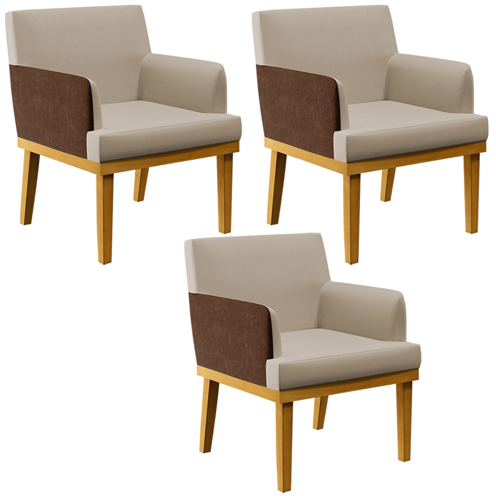 Kit 03 Poltronas Decorativas Base Mel Beatriz W01 Linho Bege Couríssimo Marrom - Lyam Decor