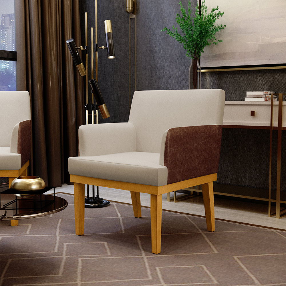 Kit 03 Poltronas Decorativas Base Mel Beatriz W01 Linho Bege Couríssimo Marrom - Lyam Decor