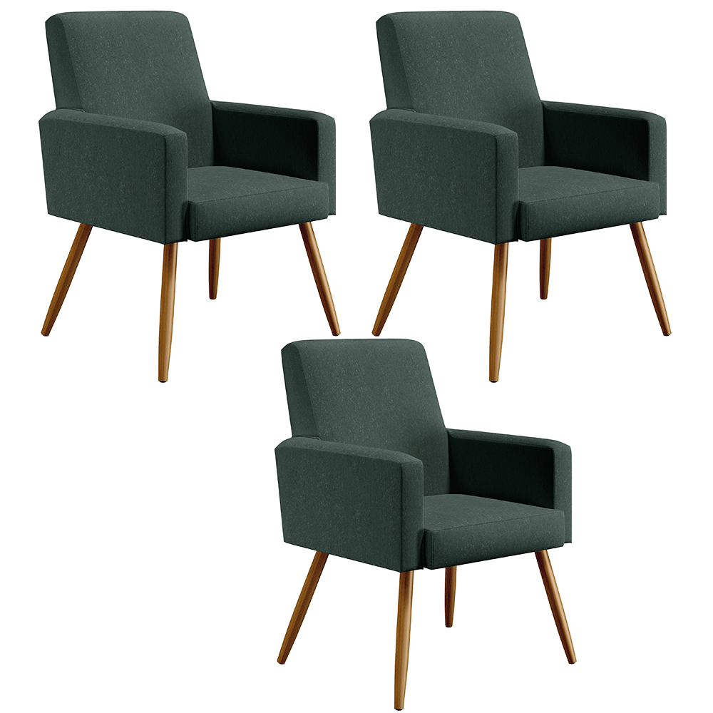 Kit 03 Poltronas Decorativas Para Sala Estar Maria W01 Pés Palito Linho Verde Musgo - Lyam Decor