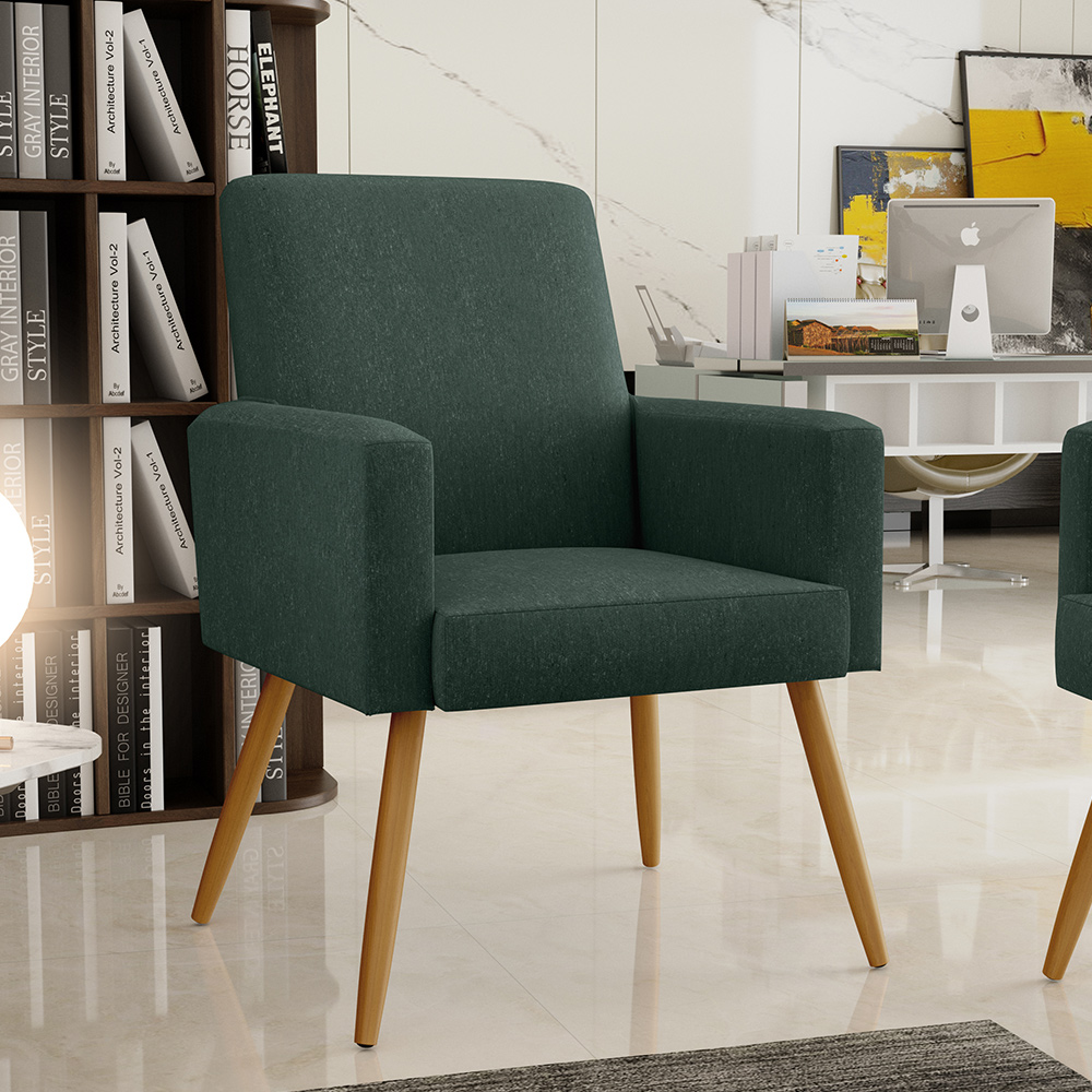 Kit 03 Poltronas Decorativas Para Sala Estar Maria W01 Pés Palito Linho Verde Musgo - Lyam Decor