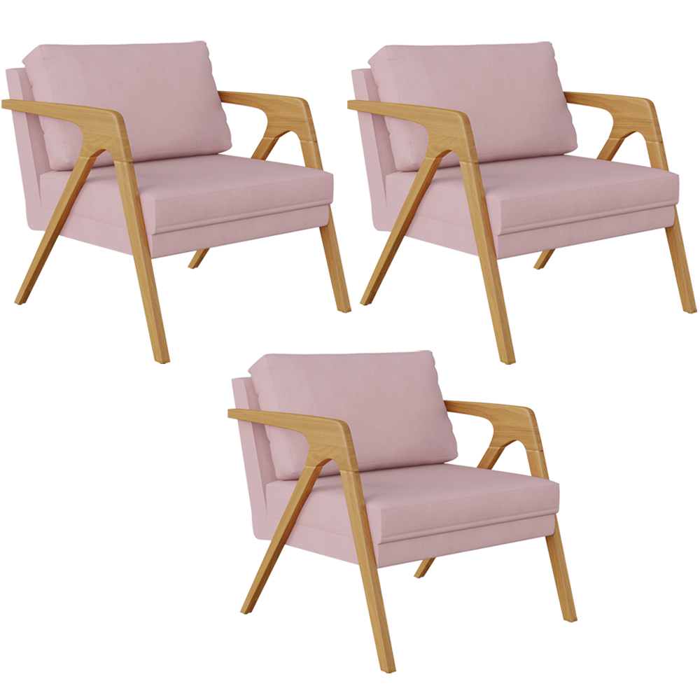 Kit 03 Poltronas Decorativas Para Sala Estar Pietra Estrutura De Madeira L02 Suede Rosê - Lyam Decor
