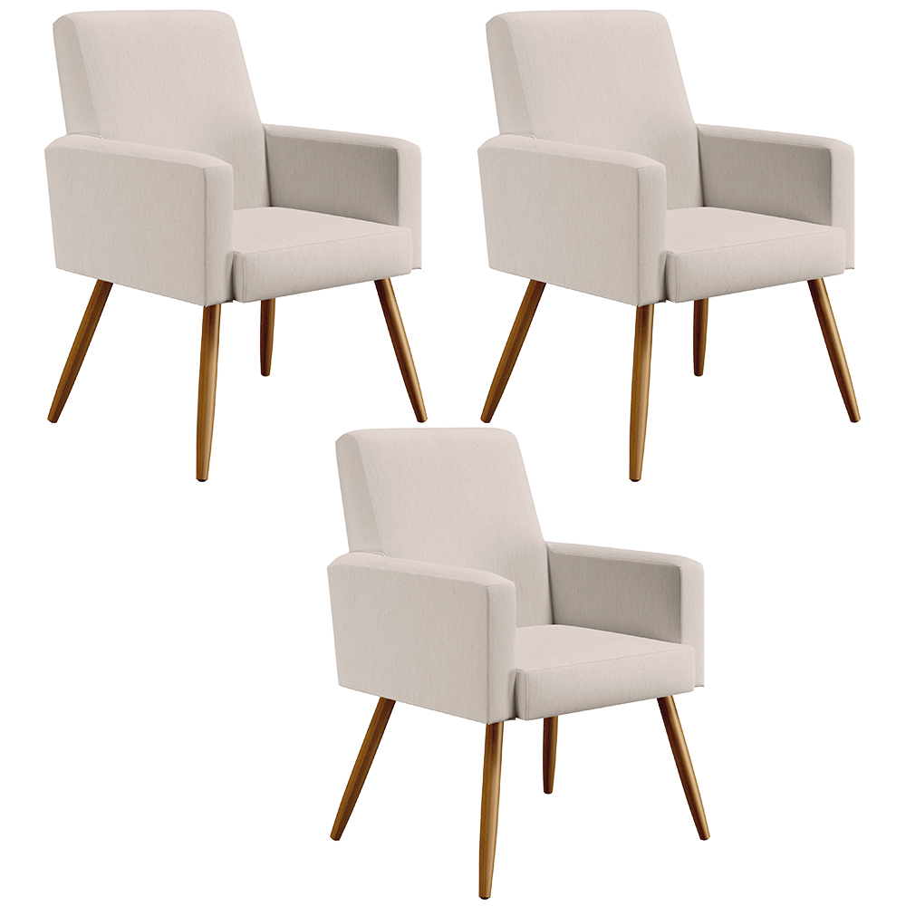 Kit 03 Poltronas Decorativas Para Sala Estar e Recepção Maria W01 Pés Palito Linho Cru - Lyam Decor