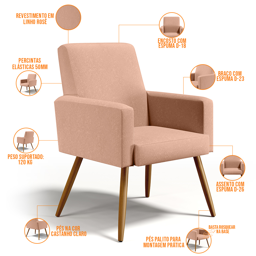 Kit 03 Poltronas Decorativas Para Sala Estar e Recepção Maria W01 Pés Palito Linho Rosê - Lyam Decor