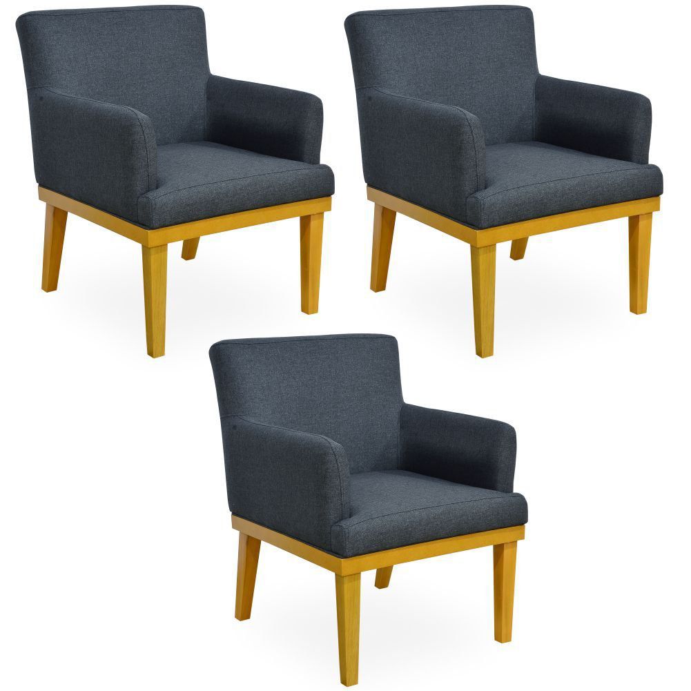 Kit 03 Poltronas Decorativas Para Sala de Estar Beatriz W01 Linho Chumbo - Lyam Decor