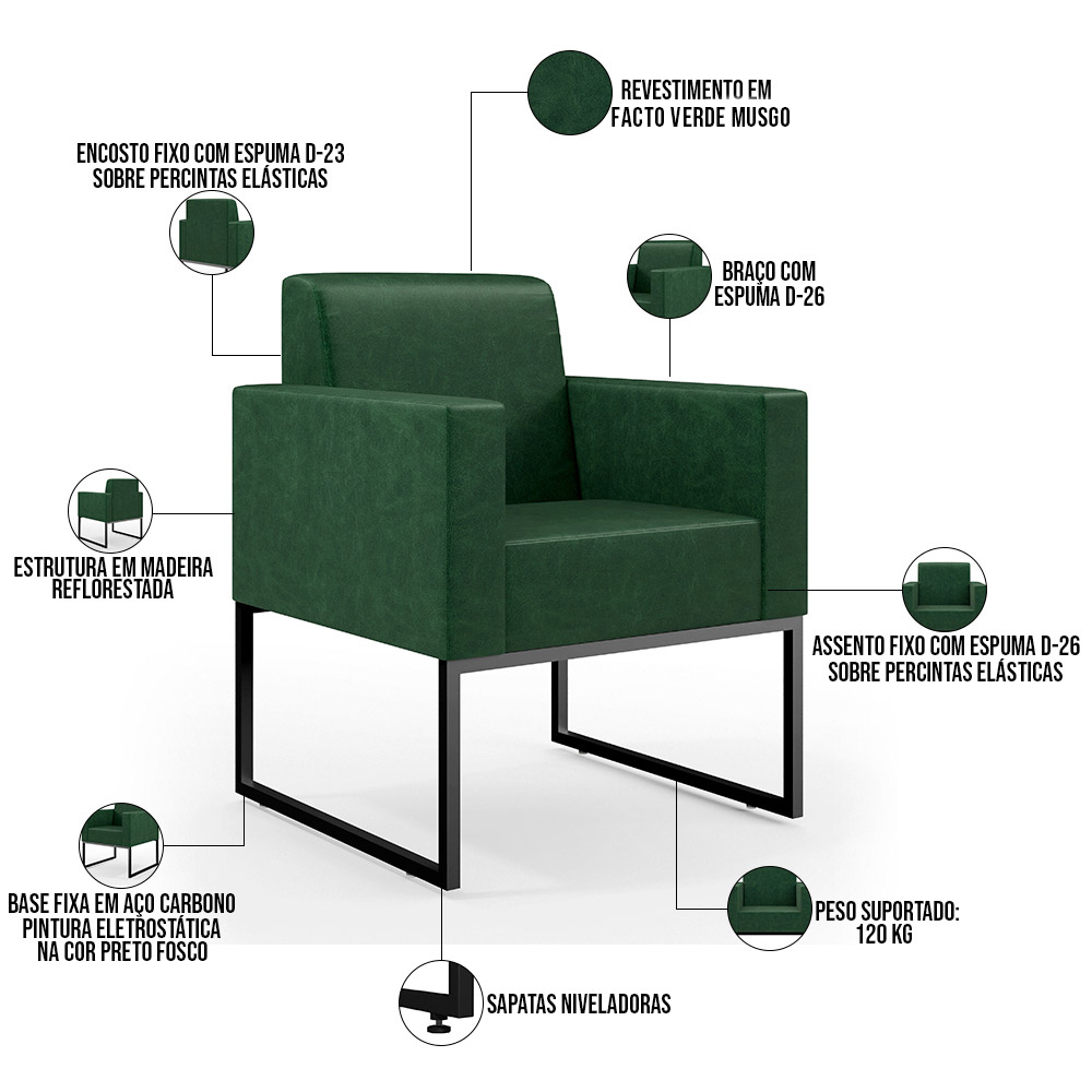 Kit 03 Poltronas Decorativas Sala Base fixa Metal Helô L02 Facto Verde Musgo - Lyam Decor