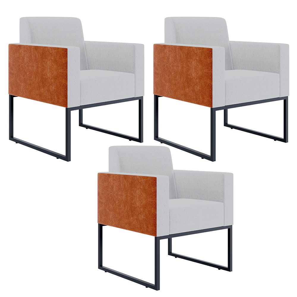 Kit 03 Poltronas Decorativas Sala Base fixa Metal Helô L02 Linho Cinza Couríssimo Camel - Lyam Decor