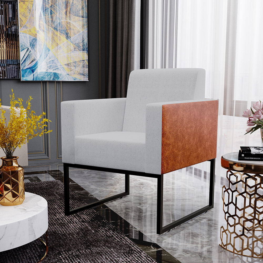 Kit 03 Poltronas Decorativas Sala Base fixa Metal Helô L02 Linho Cinza Couríssimo Camel - Lyam Decor