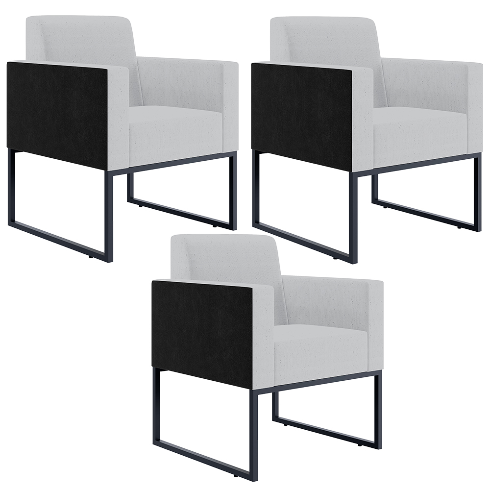 Kit 03 Poltronas Decorativas Sala Base fixa Metal Helô L02 Linho Cinza Couríssimo Preto - Lyam Decor