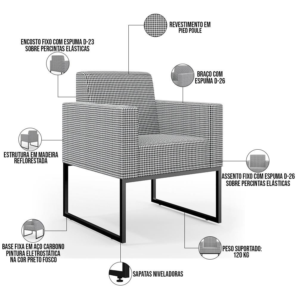 Kit 03 Poltronas Decorativas Sala Base fixa Metal Helô L02 Pied Poule - Lyam Decor
