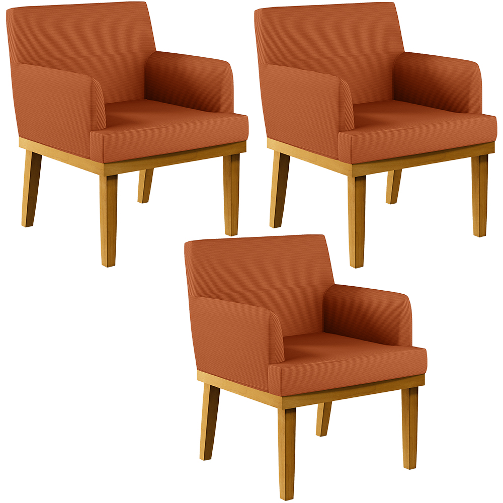 Kit 03 Poltronas Decorativas Sala De Estar Beatriz Base Mel W01 Tecido Terracota - Lyam Decor