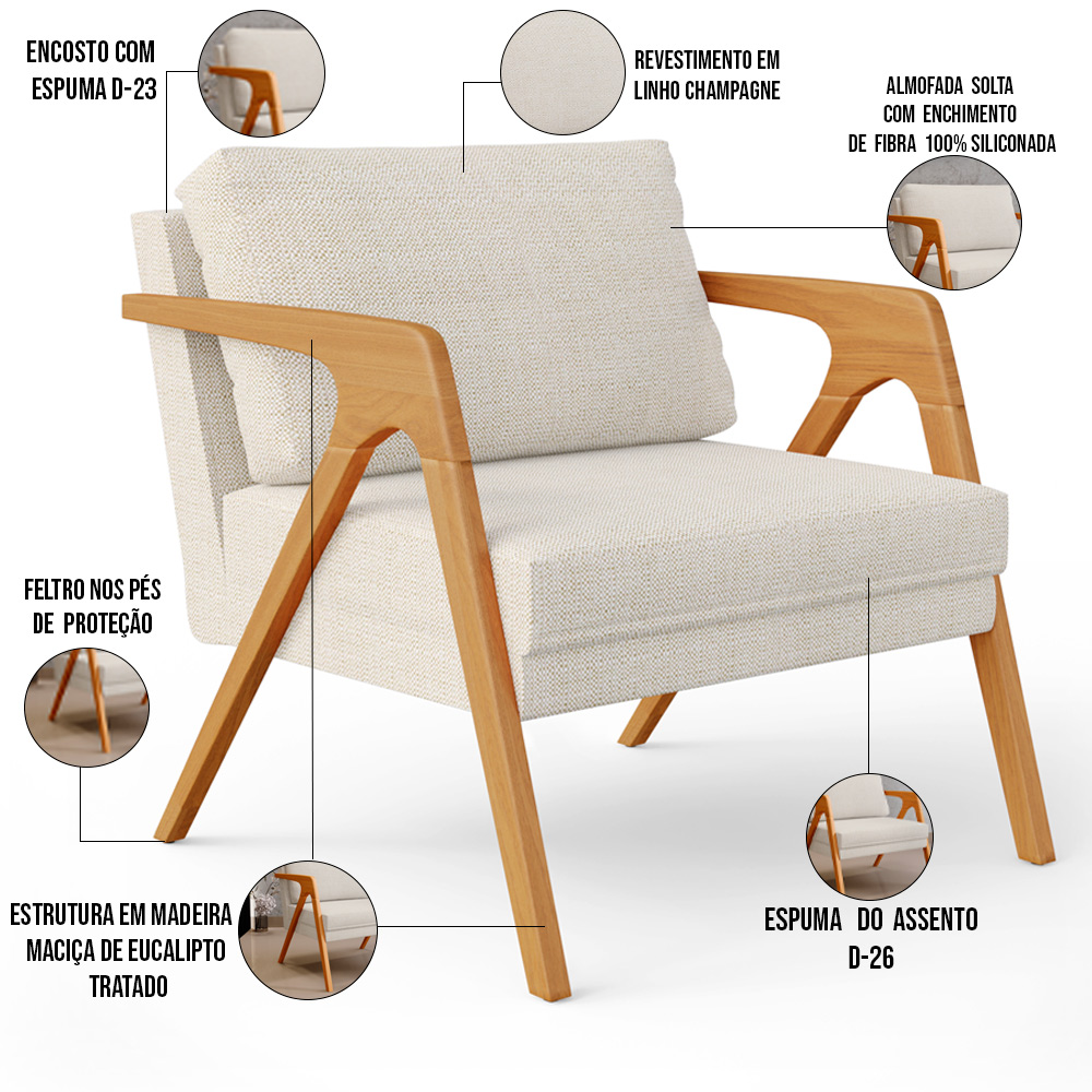 Kit 03 Poltronas Decorativas Sala Estar Pietra Estrutura De Madeira L02 Linho Champagne - Lyam Decor