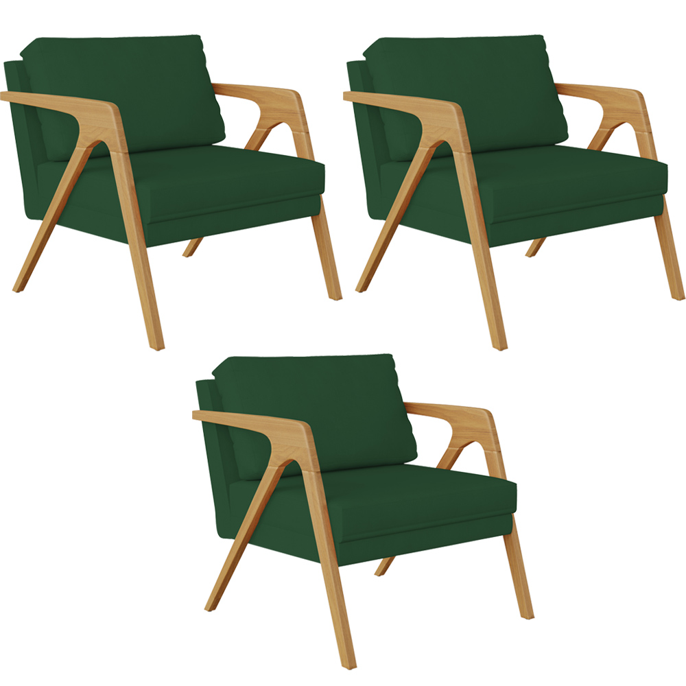 Kit 03 Poltronas Decorativas Sala Pietra Estrutura De Madeira L02 Suede Verde Musgo - Lyam Decor