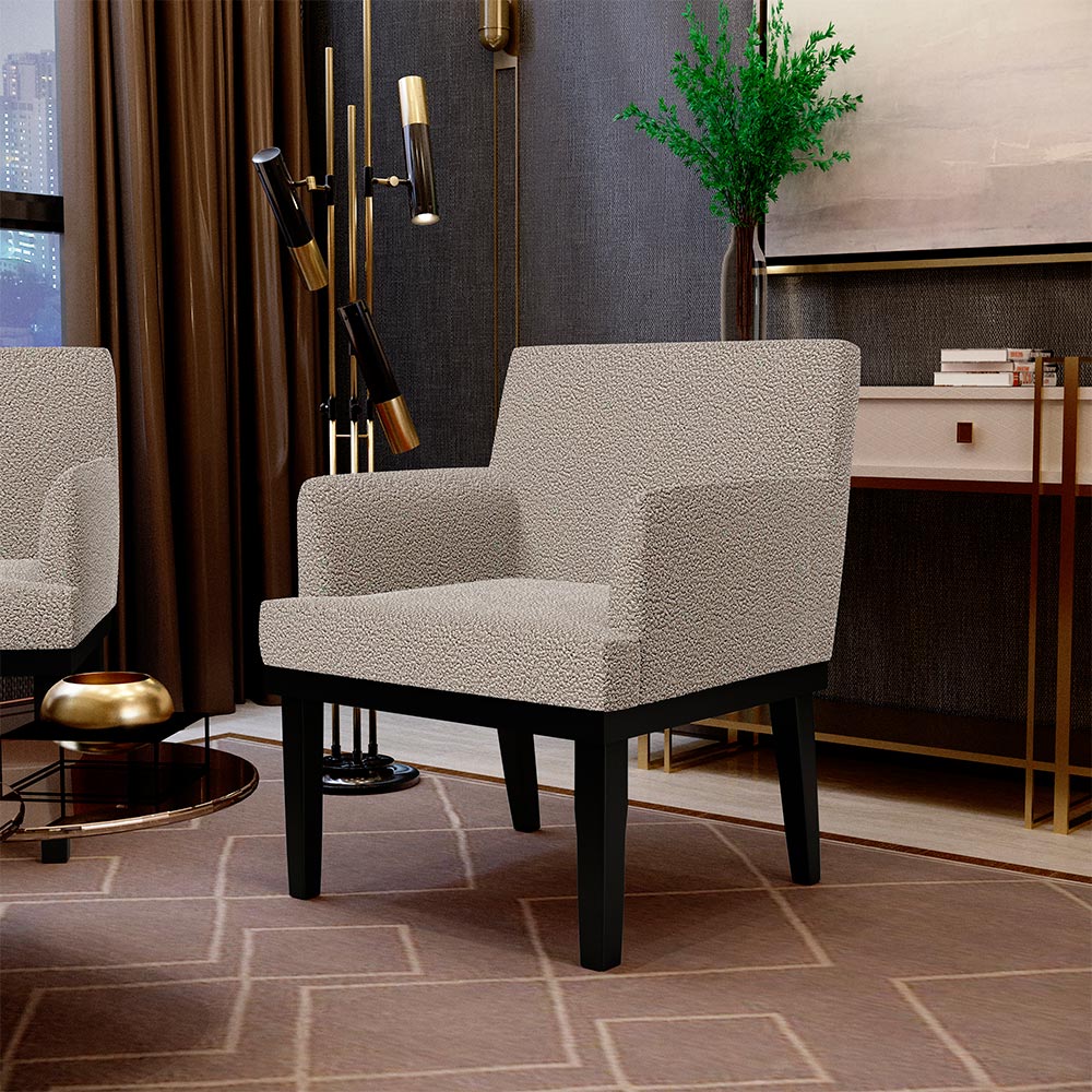 Kit 03 Poltronas Decorativas Sala de Estar Base Preto Beatriz W01 Bouclê Bege - Lyam Decor