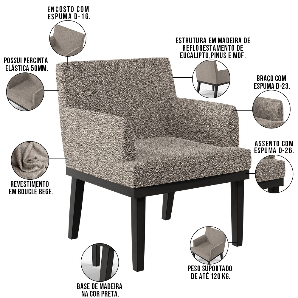 Kit 03 Poltronas Decorativas Sala de Estar Base Preto Beatriz W01 Bouclê Bege - Lyam Decor