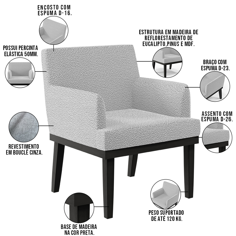 Kit 03 Poltronas Decorativas Sala de Estar Base Preto Beatriz W01 Bouclê Cinza - Lyam Decor