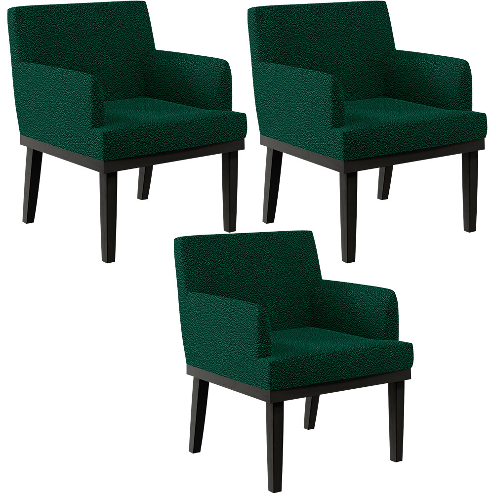 Kit 03 Poltronas Decorativas Sala de Estar Base Preto Beatriz W01 Bouclê Verde - Lyam Decor