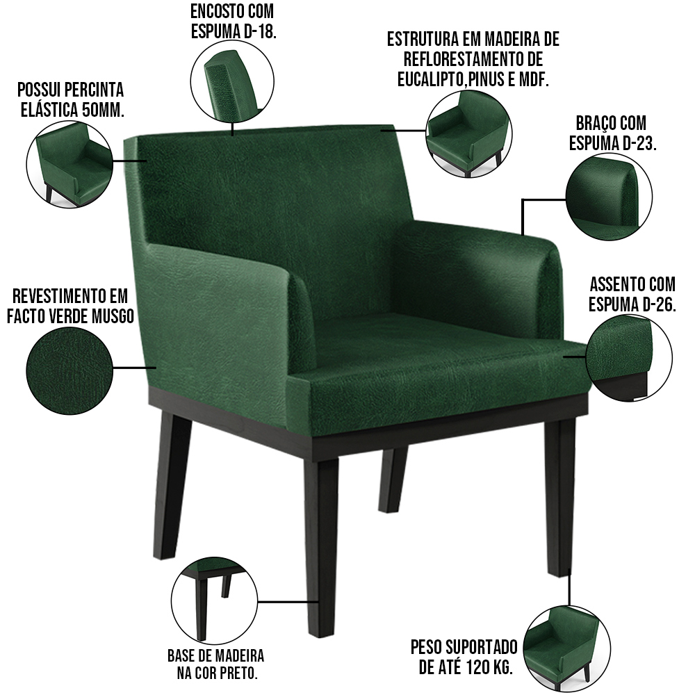 Kit 03 Poltronas Decorativas Sala de Estar Base Preto Beatriz W01 Facto Verde Musgo - Lyam Decor
