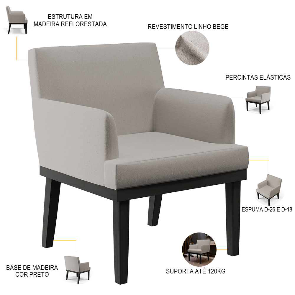 Kit 03 Poltronas Decorativas Sala de Estar Base Preto Beatriz W01 Linho Bege - Lyam Decor