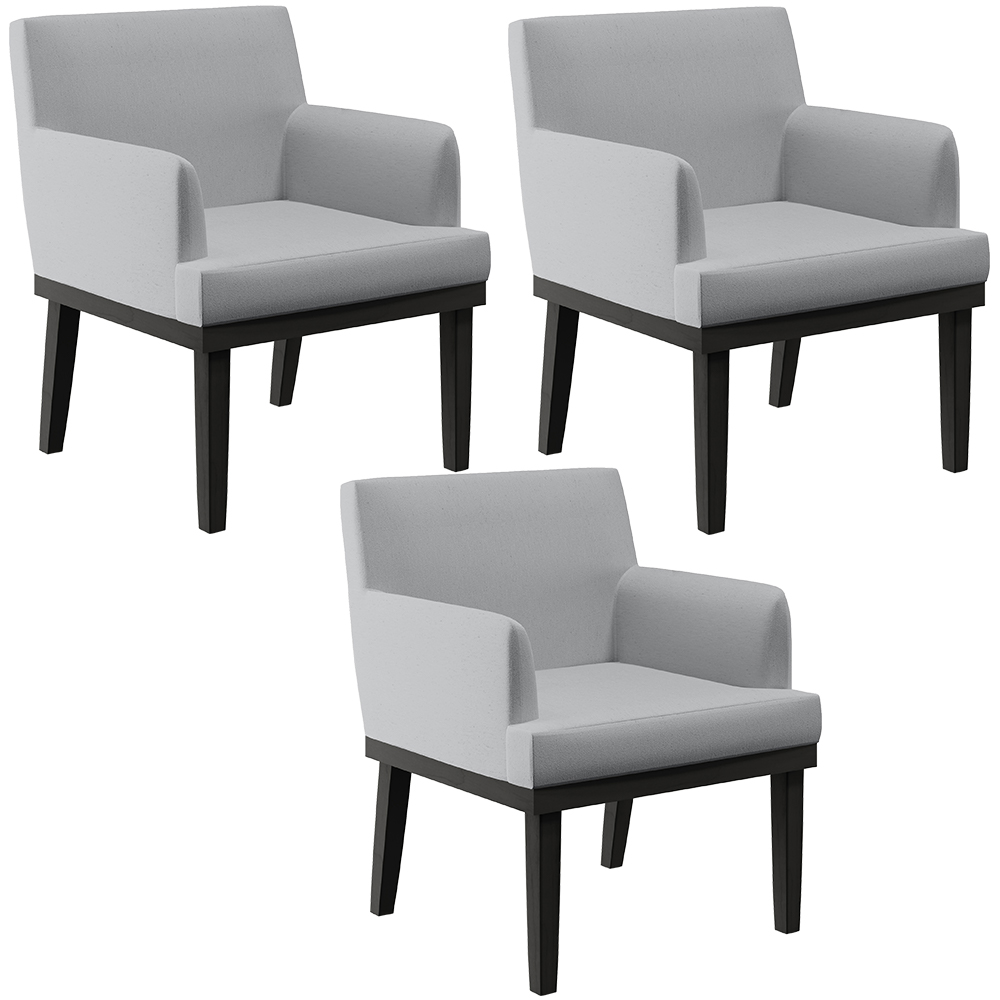 Kit 03 Poltronas Decorativas Sala de Estar Base Preto Beatriz W01 Linho Cinza - Lyam Decor