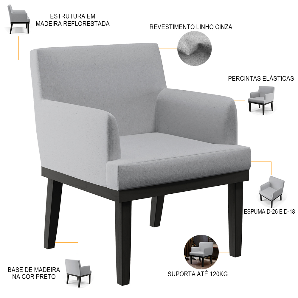 Kit 03 Poltronas Decorativas Sala de Estar Base Preto Beatriz W01 Linho Cinza - Lyam Decor