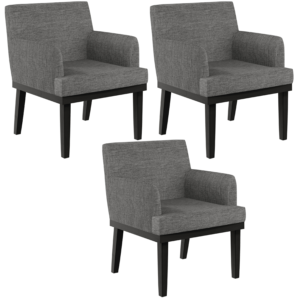 Kit 03 Poltronas Decorativas Sala de Estar Base Preto Beatriz W01 Linho Cinza Escuro - Lyam Decor