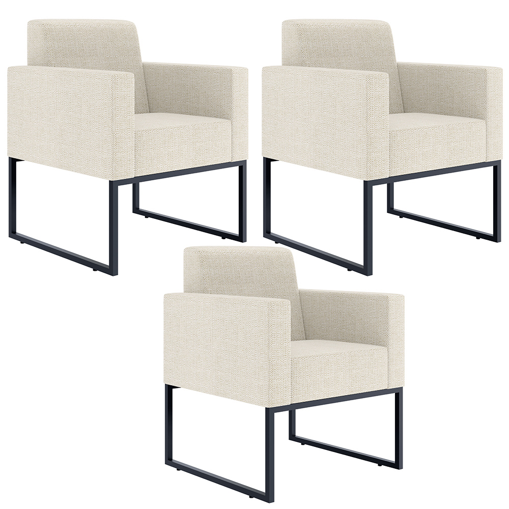 Kit 03 Poltronas Decorativas Sala e Recepção Base Fixa Metal Helô L02 Linho Champagne - Lyam Decor