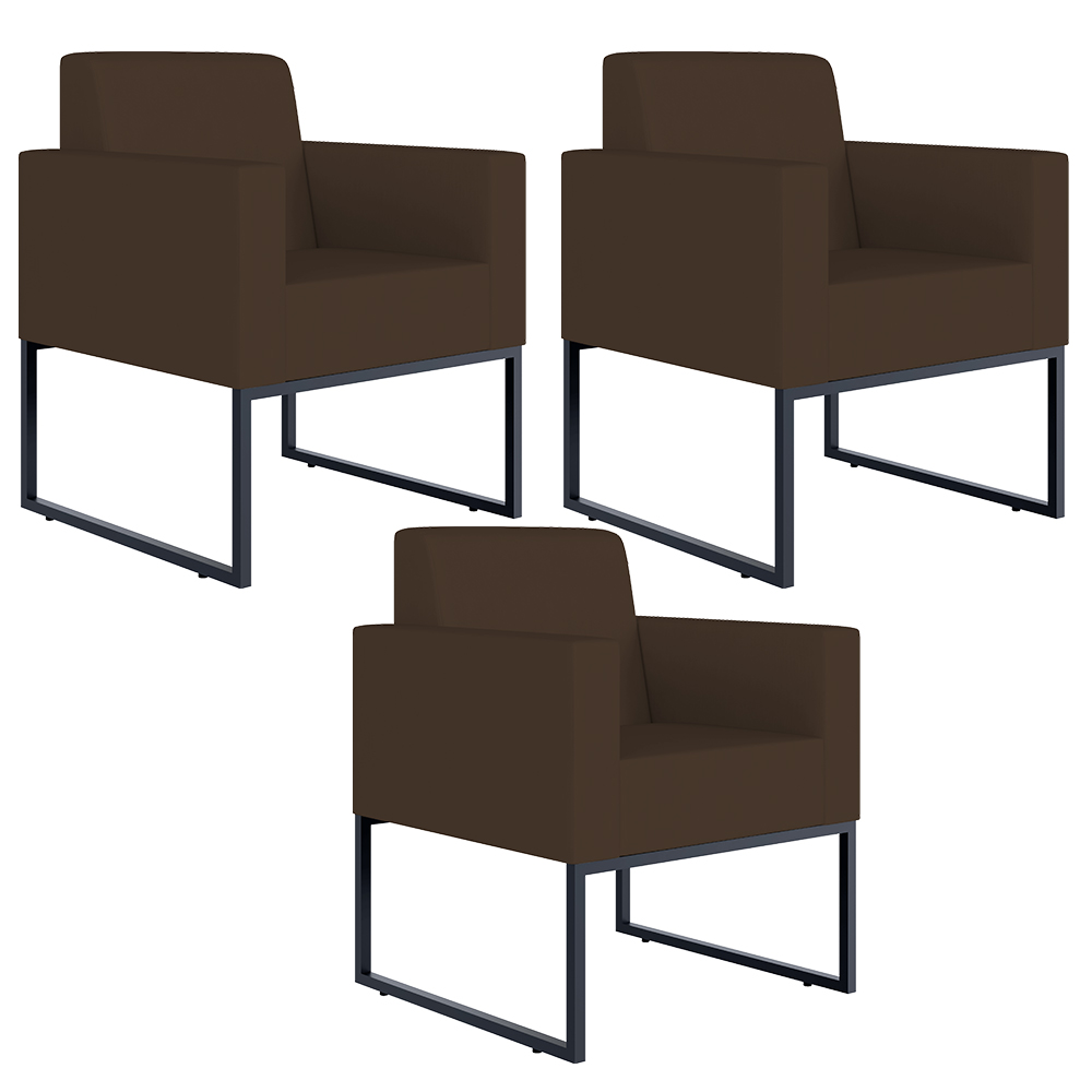 Kit 03 Poltronas Decorativas Sala e Recepção Base Fixa de Metal Helô L02 Suede Marrom - Lyam Decor