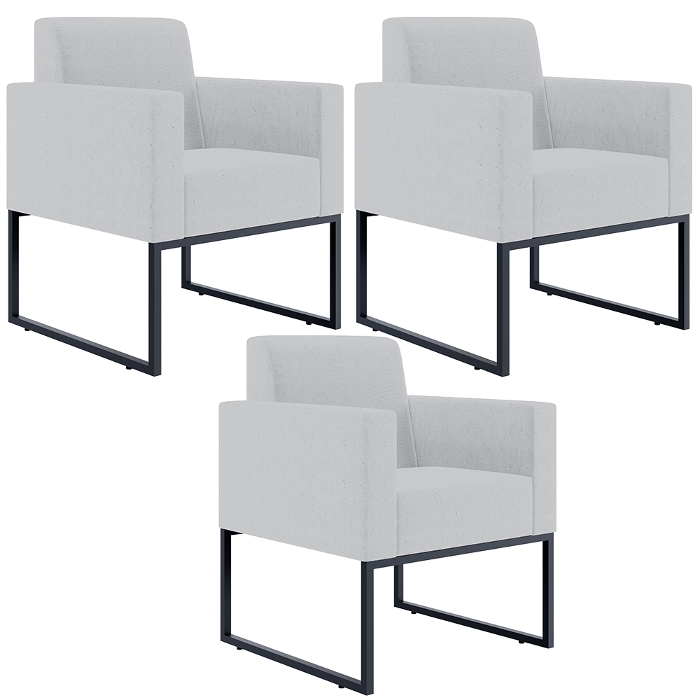 Kit 03 Poltronas Decorativas para Sala Recepção Base Fixa De Metal Helô L02 Linho Cinza - Lyam Decor