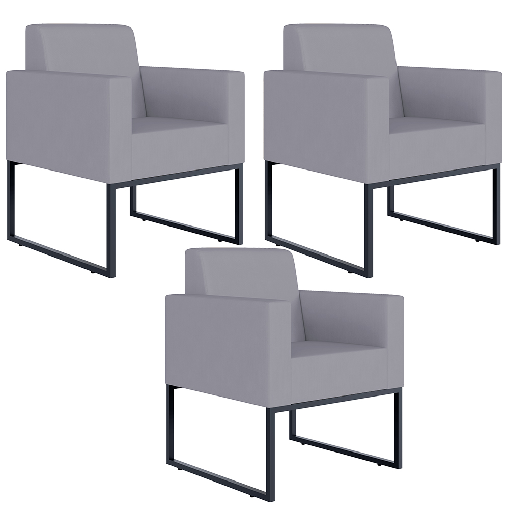 Kit 03 Poltronas Decorativas para Sala Recepção Base Fixa De Metal Helô L02 Suede Cinza - Lyam Decor
