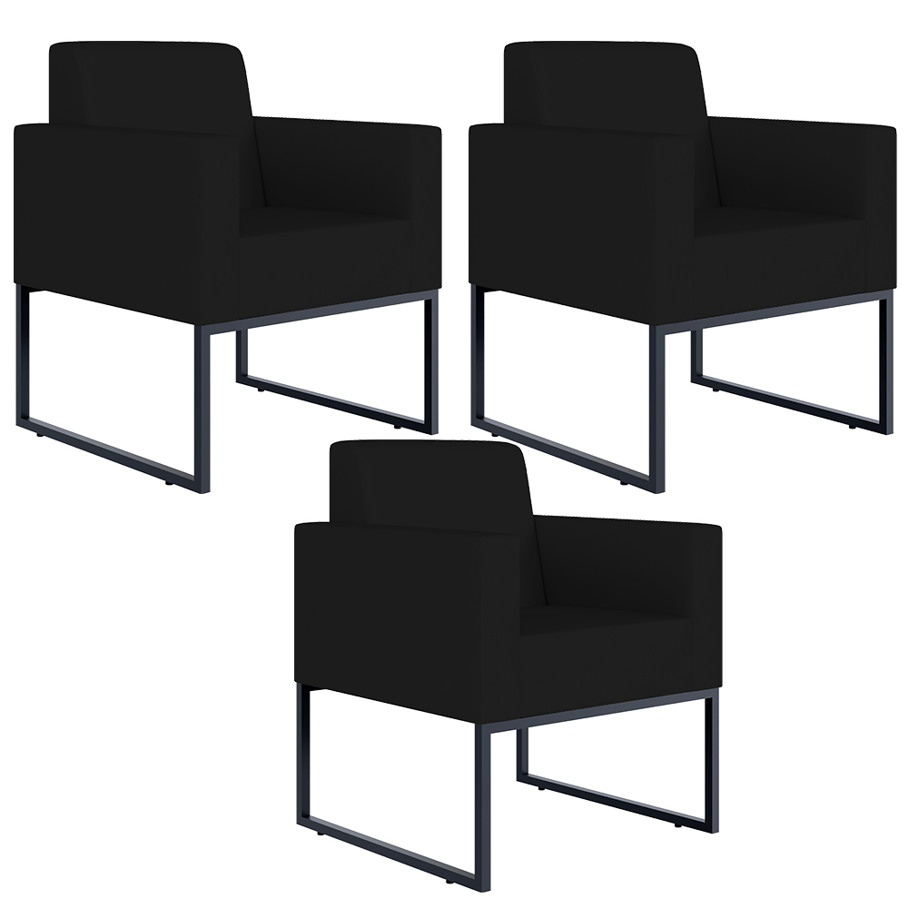 Kit 03 Poltronas Decorativas para Sala Recepção Base Fixa De Metal Helô L02 Suede Preto - Lyam Decor