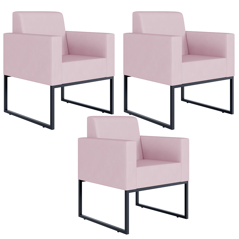 Kit 03 Poltronas Decorativas para Sala Recepção Base Fixa De Metal Helô L02 Suede Rosê - Lyam Decor