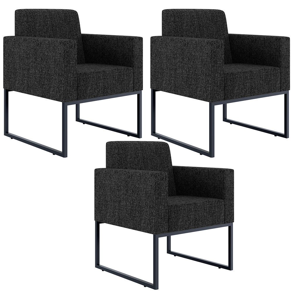 Kit 03 Poltronas Decorativas para Sala Recepção Base Fixa Metal Helô L02 Linho Chumbo - Lyam Decor