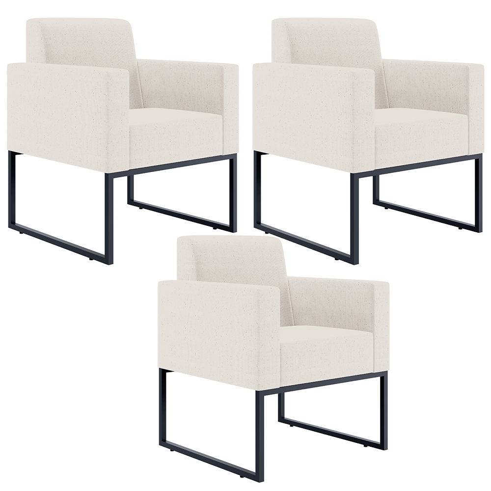 Kit 03 Poltronas Decorativas para Sala e Recepção Base Fixa De Metal Helô L02 Linho Cru - Lyam Decor