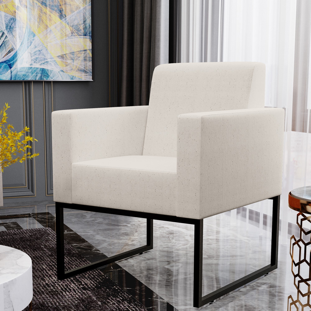 Kit 03 Poltronas Decorativas para Sala e Recepção Base Fixa De Metal Helô L02 Linho Cru - Lyam Decor