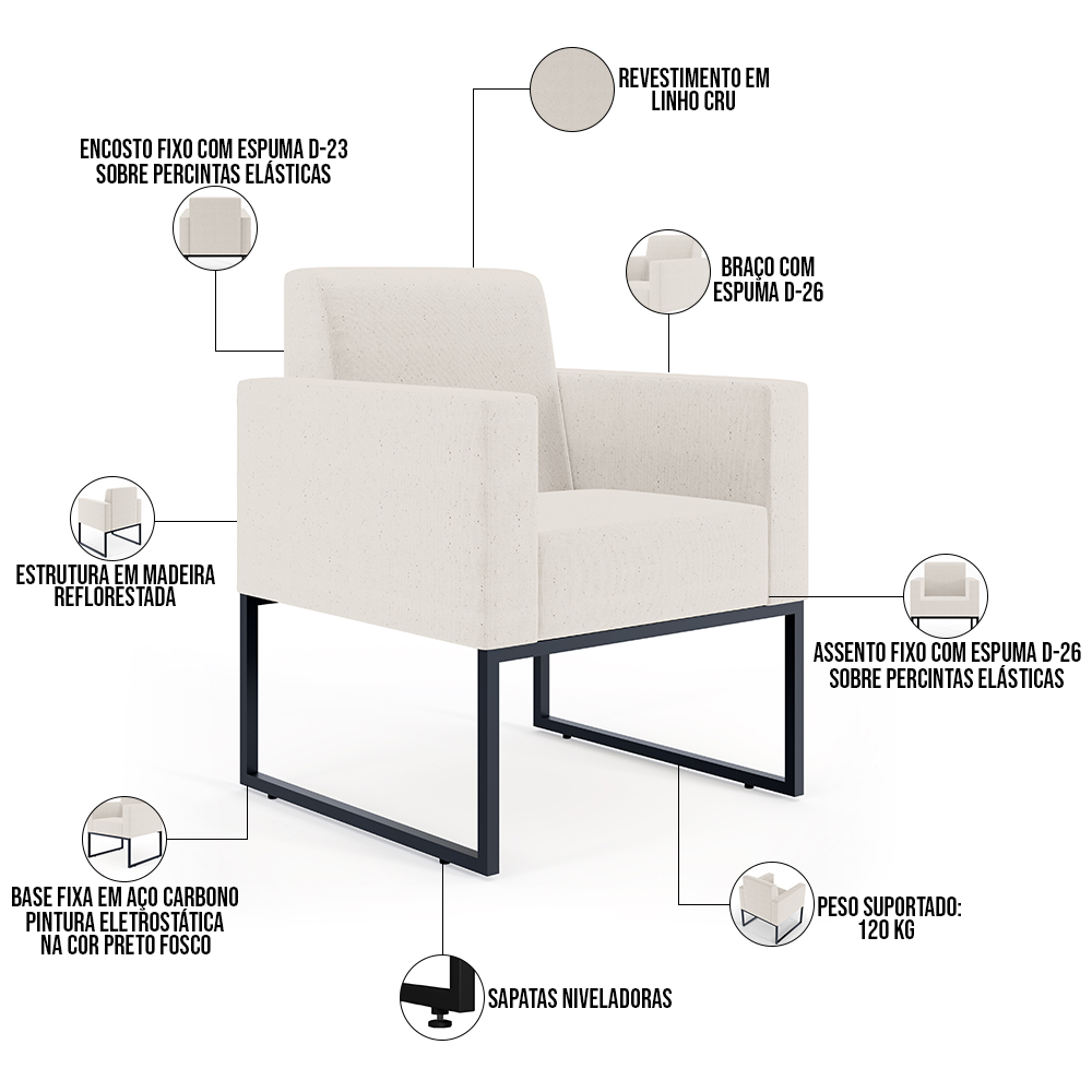 Kit 03 Poltronas Decorativas para Sala e Recepção Base Fixa De Metal Helô L02 Linho Cru - Lyam Decor