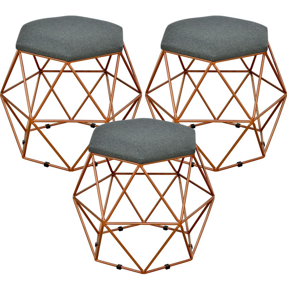 Kit 03 Puffs Decorativo Aramado Bronze Six L02 Linho Chumbo - Lyam Decor
