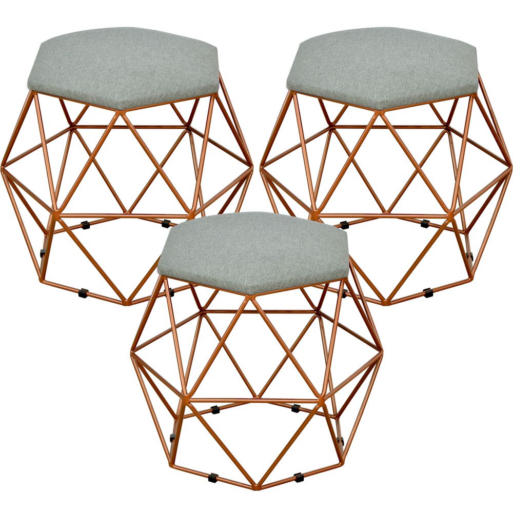 Kit 03 Puffs Decorativo Aramado Bronze Six L02 Linho Cinza Escuro - Lyam Decor