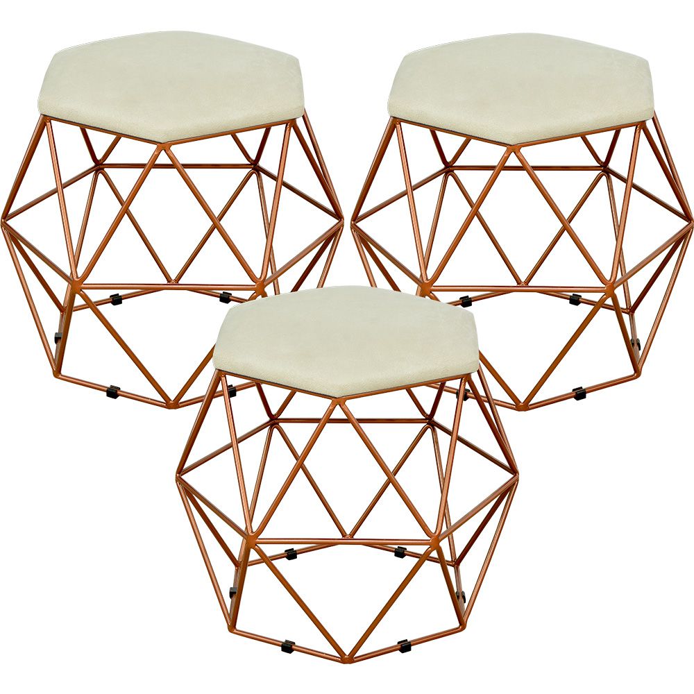 Kit 03 Puffs Decorativo Aramado Bronze Six L02 Suede Bege - Lyam Decor
