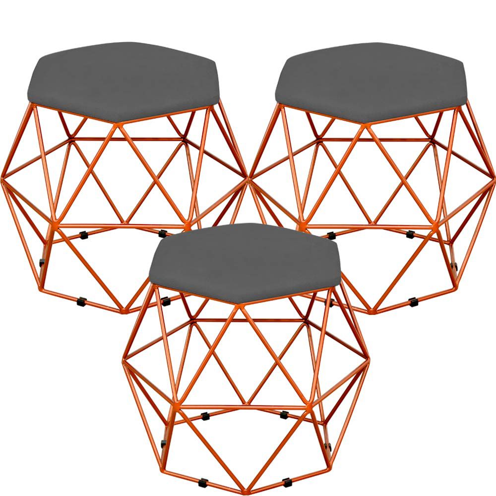 Kit 03 Puffs Decorativo Aramado Bronze Six L02 Suede Cinza - Lyam Decor