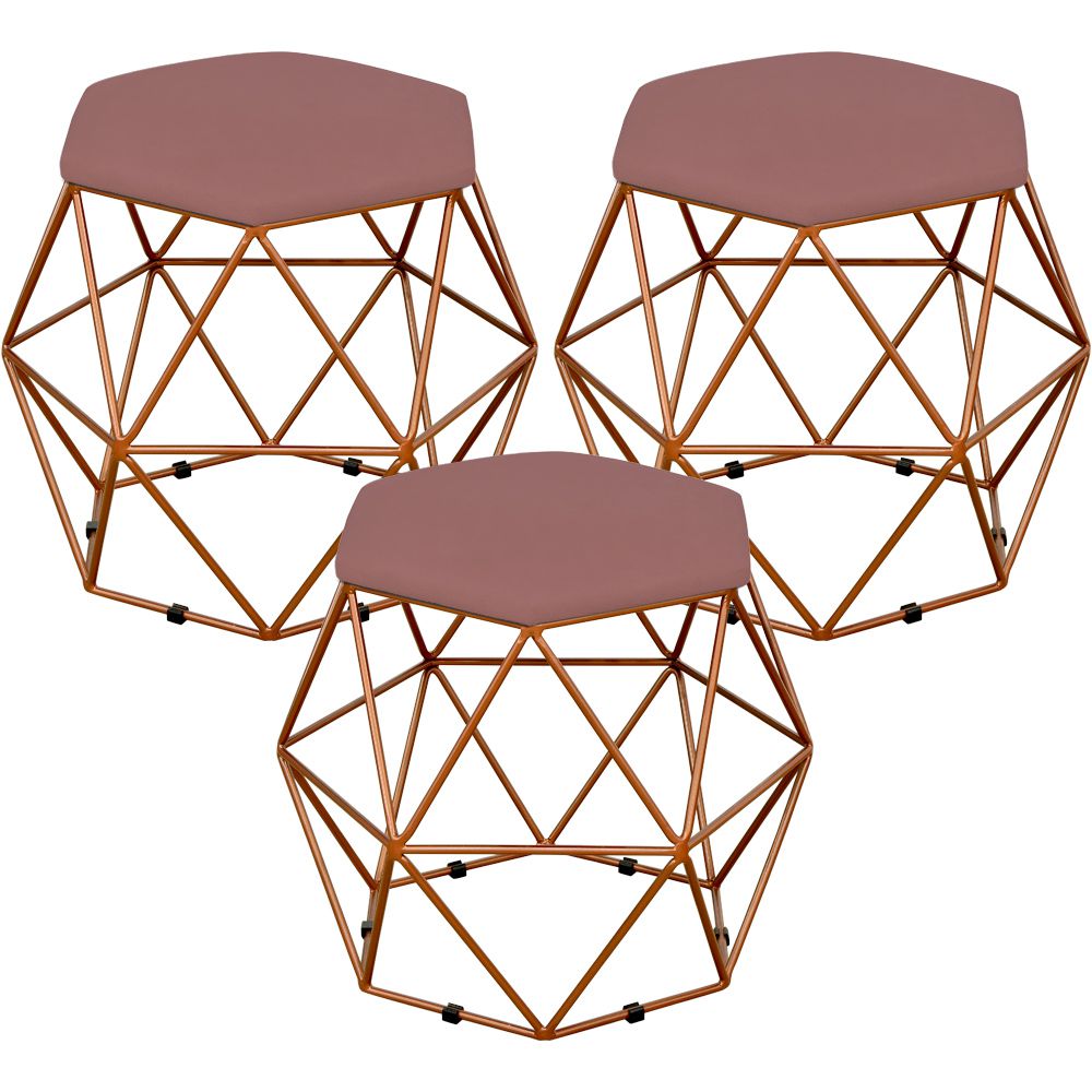 Kit 03 Puffs Decorativo Aramado Bronze Six L02 Suede Rosê - Lyam Decor