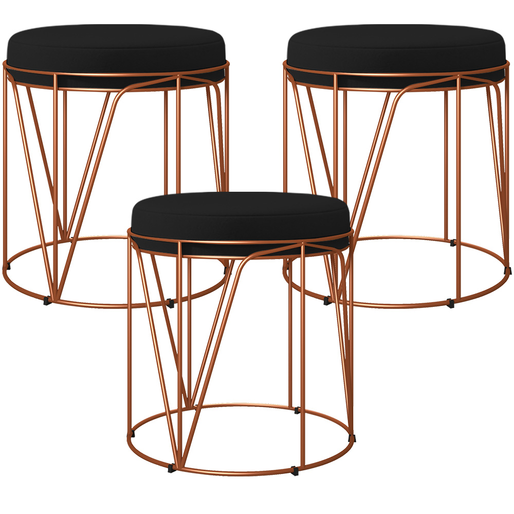 Kit 03 Puffs Decorativo Aramado Bronze Zaya L02 Corano Preto - Lyam Decor