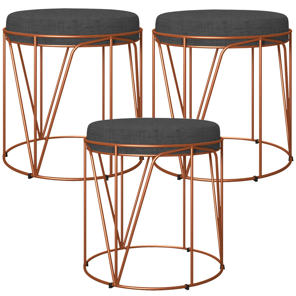 Kit 03 Puffs Decorativo Aramado Bronze Zaya L02 Linho Chumbo - Lyam Decor