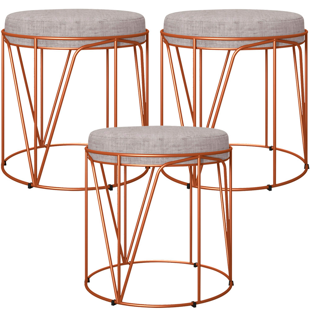 Kit 03 Puffs Decorativo Aramado Bronze Zaya L02 Linho Cinza - Lyam Decor