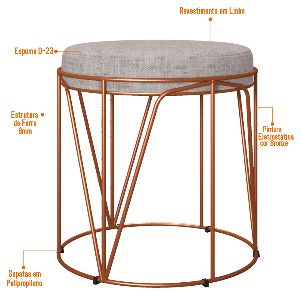 Kit 03 Puffs Decorativo Aramado Bronze Zaya L02 Linho Cinza - Lyam Decor