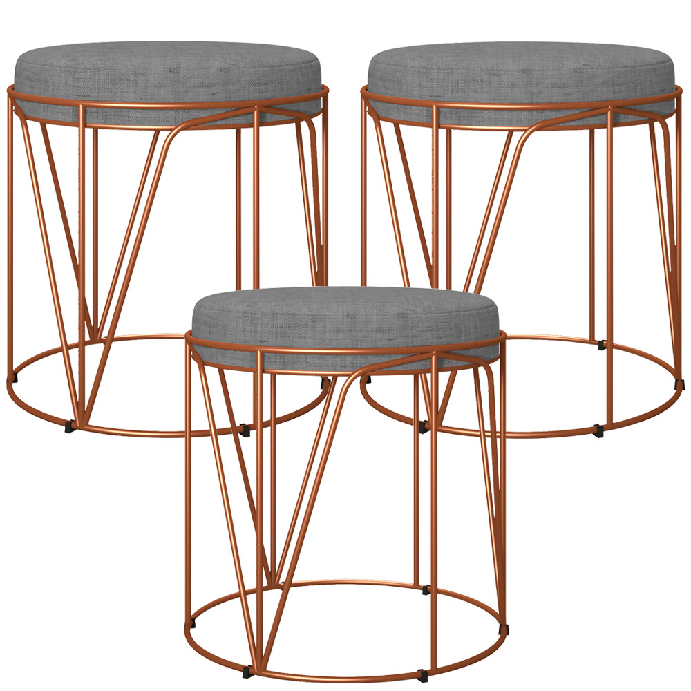 Kit 03 Puffs Decorativo Aramado Bronze Zaya L02 Linho Cinza Escuro - Lyam Decor